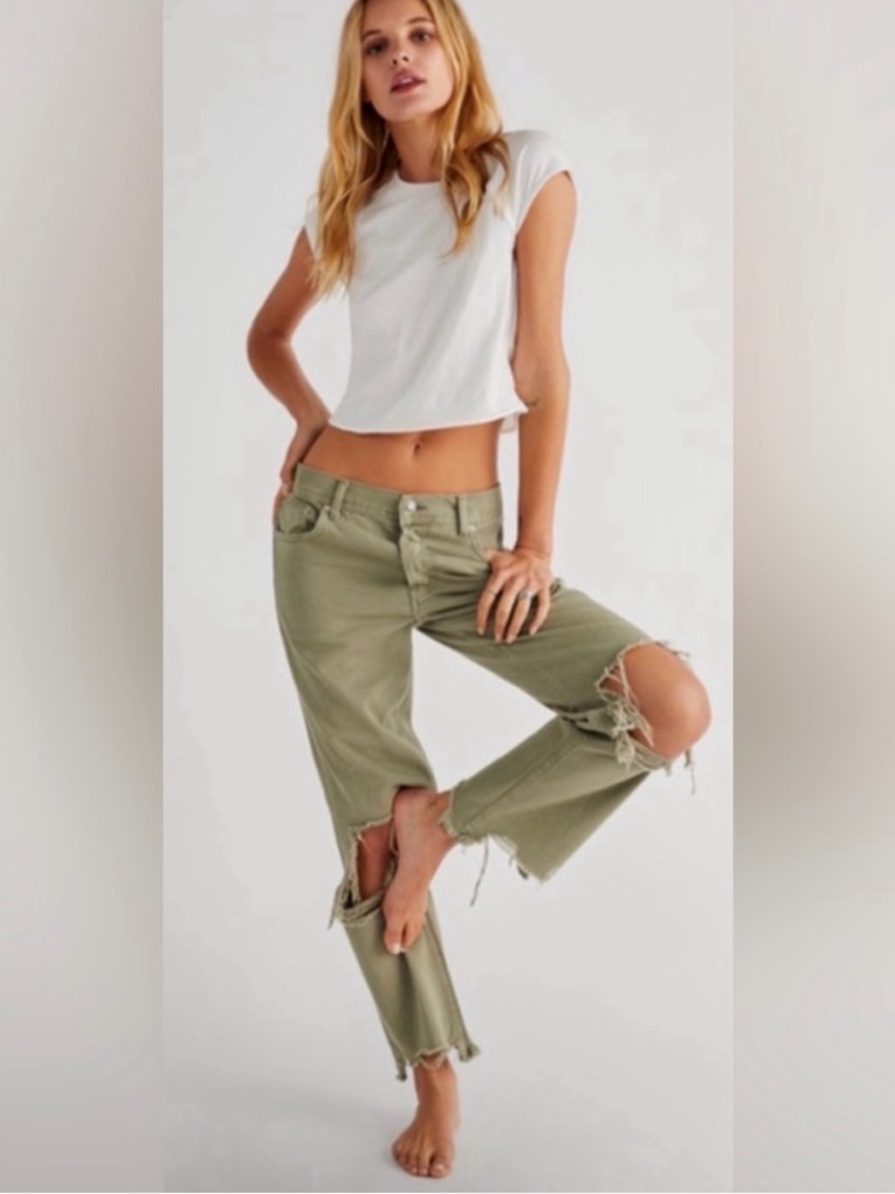 Free People We The Free Maggie Olive Green Distressed Straight Leg Button Jeans